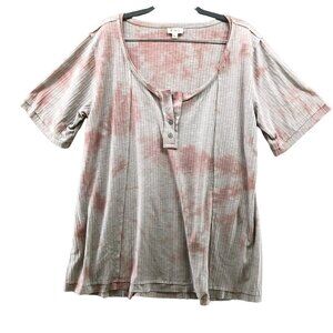 POL Tie Dye Ribbed Henley Tee Top Womens Large L Ivory Taupe SMT1686